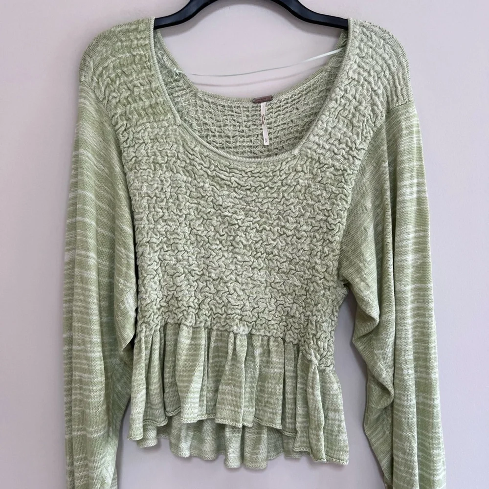 Free People Free Spirit Smocked Knit Peplum Sweater Crop Top, Seafoam Green, S